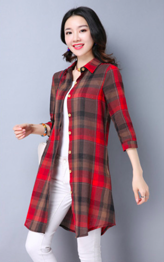 WT7533 Checker Long Top Red