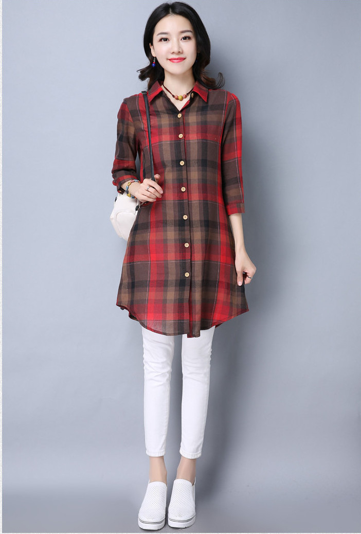 WT7533 Checker Long Top Red