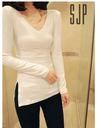 KF514 Long Sleeved V-Neck T-Shirt White