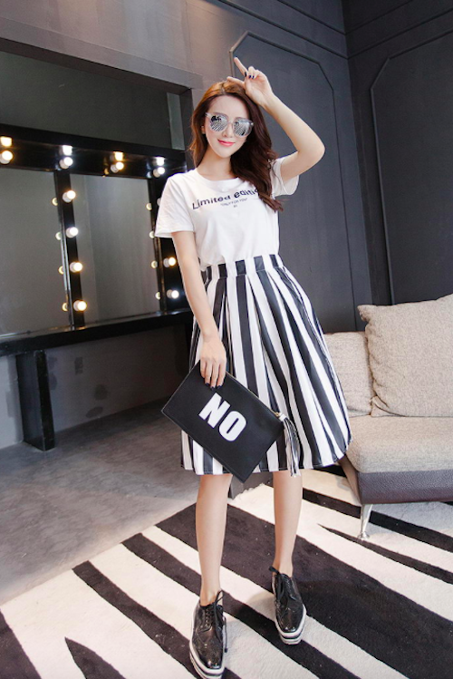 BM71074 Top and Stripe Skirt Set As Picture