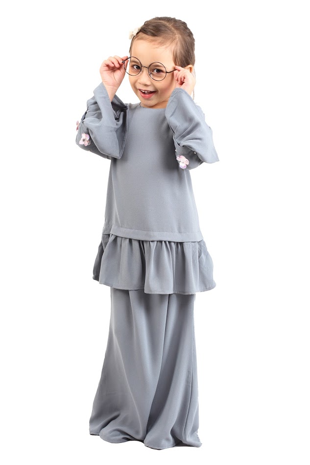 QA-428 Cute Kids Peplum Baju Kurung Grey