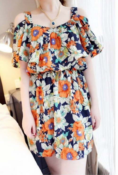 WD21599 Ruffle Floral Dress Orange