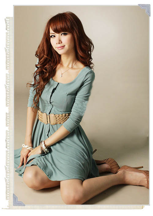 WD2405 Trendy Long Sleeves Dress Green