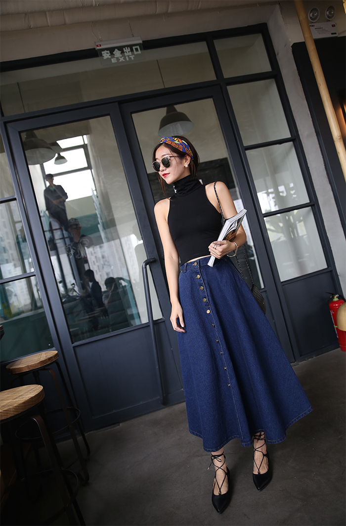 WK3701 Stylish Denim Skirt Dark Blue
