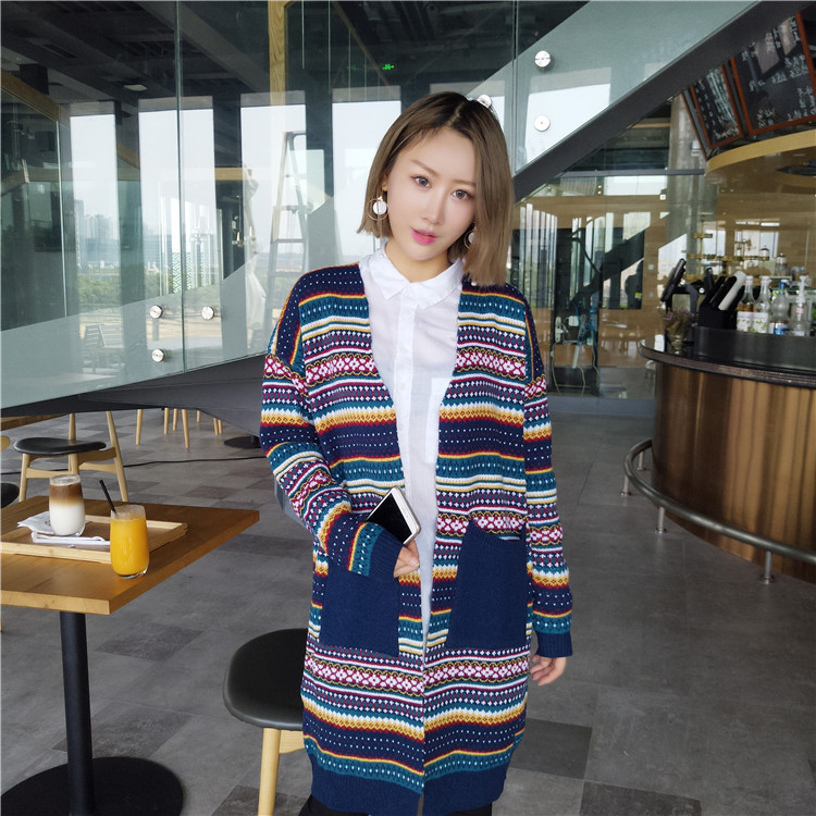 WJ7300 Abstract Long Cardigan Blue