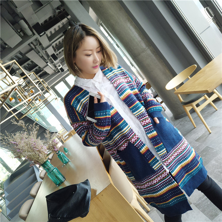 WJ7300 Abstract Long Cardigan Blue