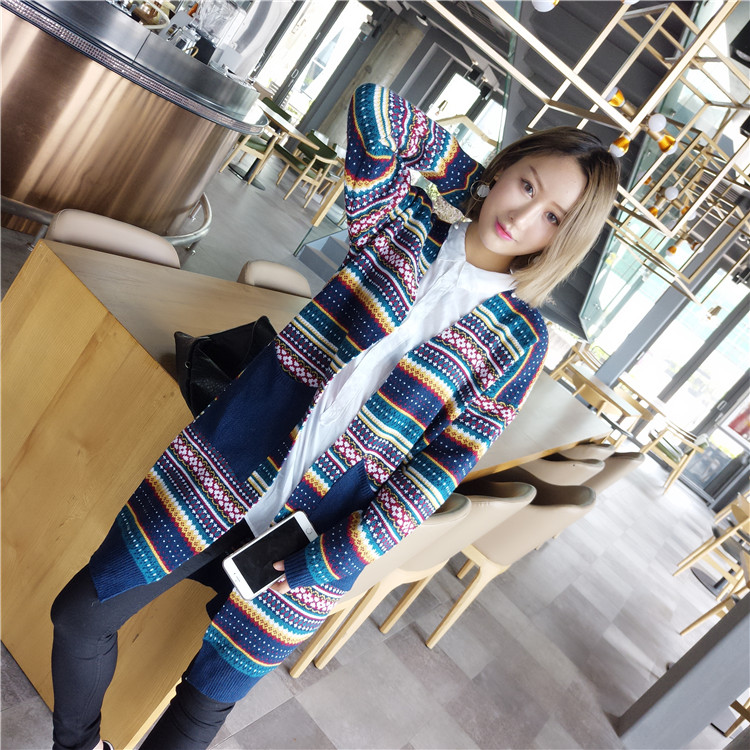 WJ7300 Abstract Long Cardigan Blue