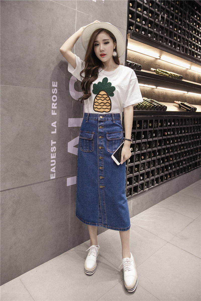 WK7573 Denim Long Skirt Dark Blue