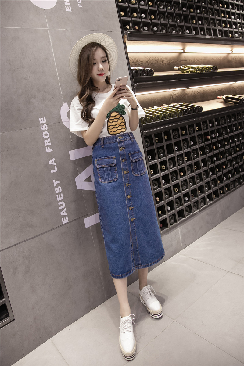 WK7573 Denim Long Skirt Dark Blue
