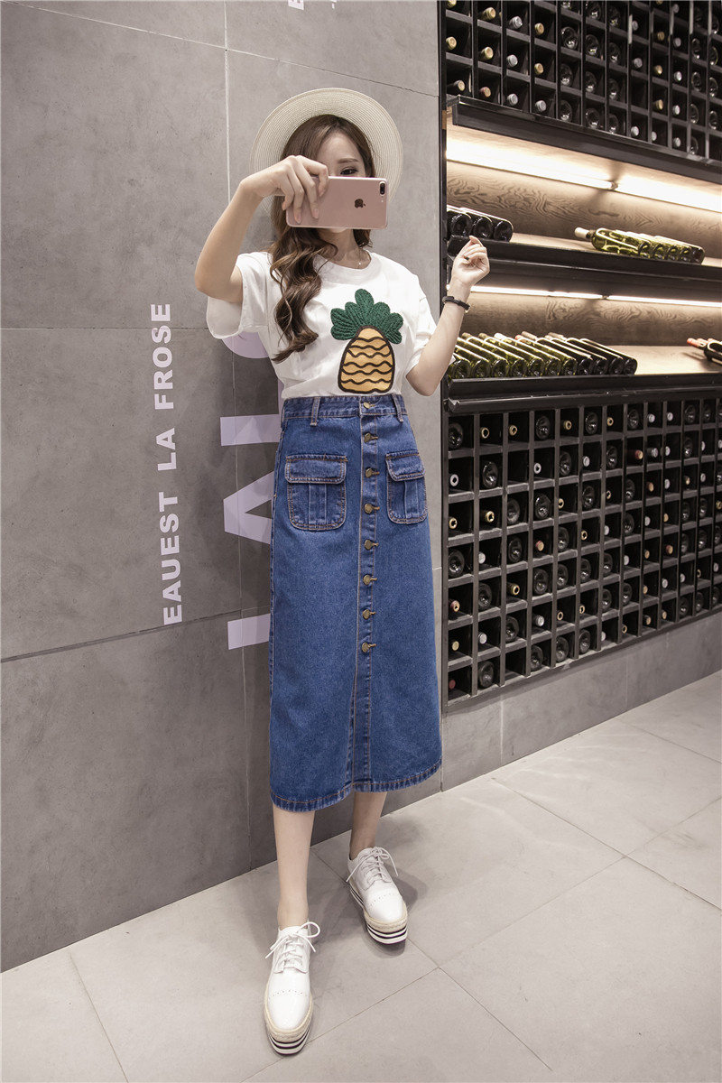 WK7573 Denim Long Skirt Dark Blue