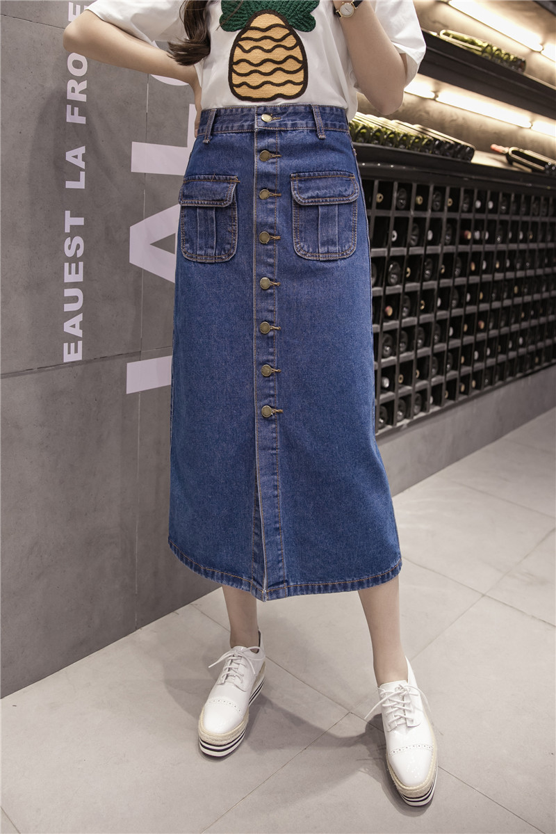 WK7573 Denim Long Skirt Dark Blue