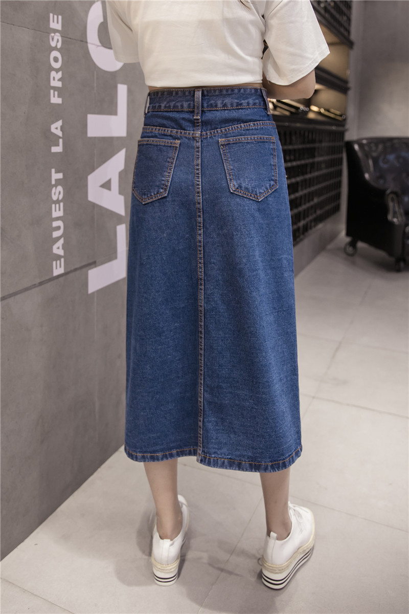 WK7573 Denim Long Skirt Dark Blue