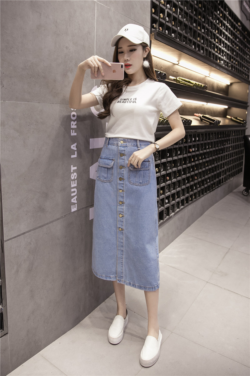 WK7573 Denim Long Skirt Light Blue