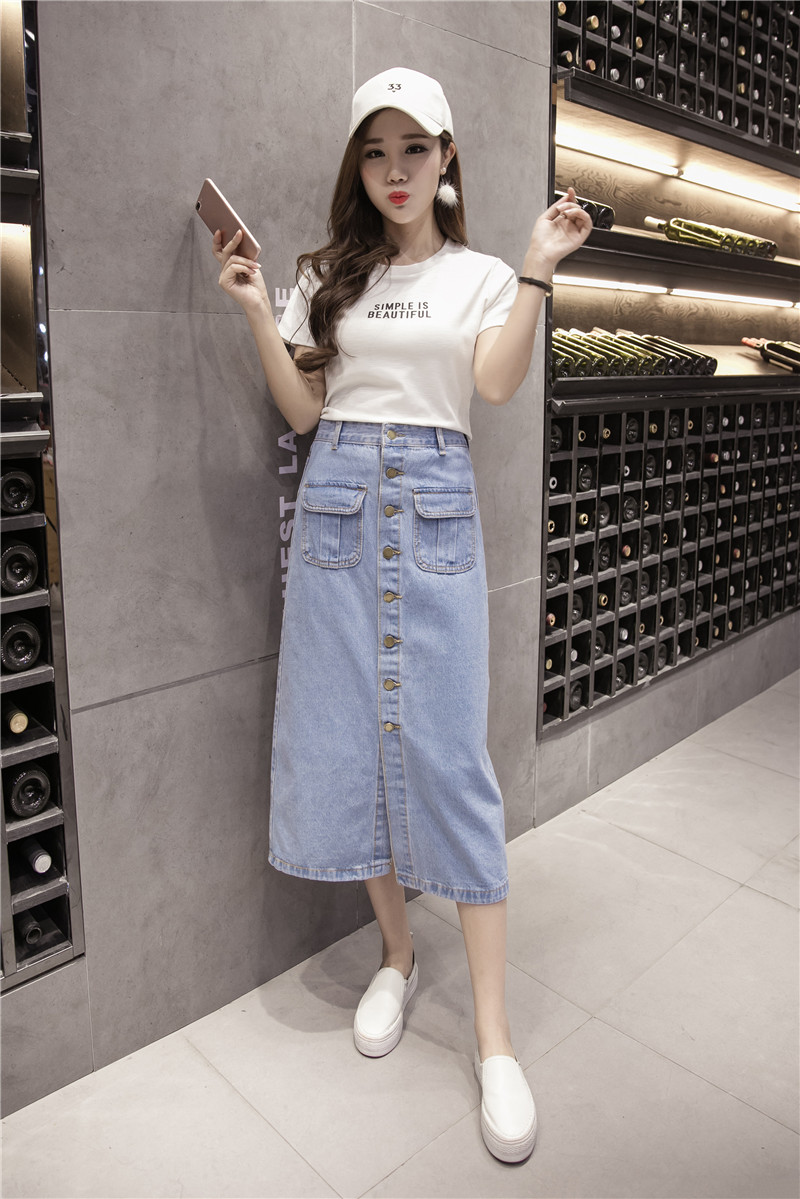 WK7573 Denim Long Skirt Light Blue