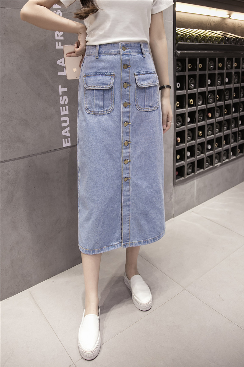 WK7573 Denim Long Skirt Light Blue