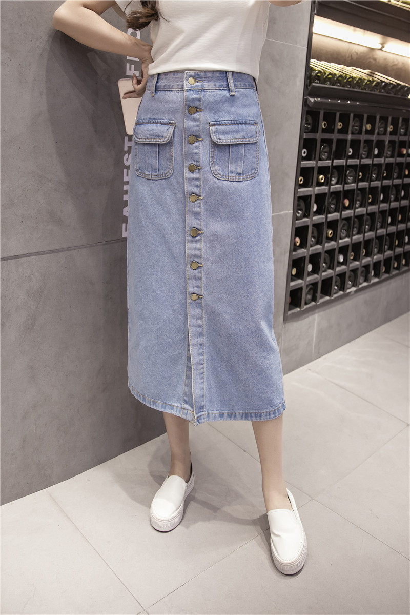 WK7573 Denim Long Skirt Light Blue