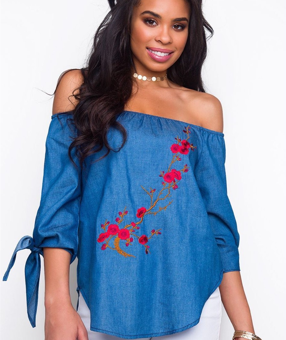 EW2444 Stylish Off-Shoulder Top Blue