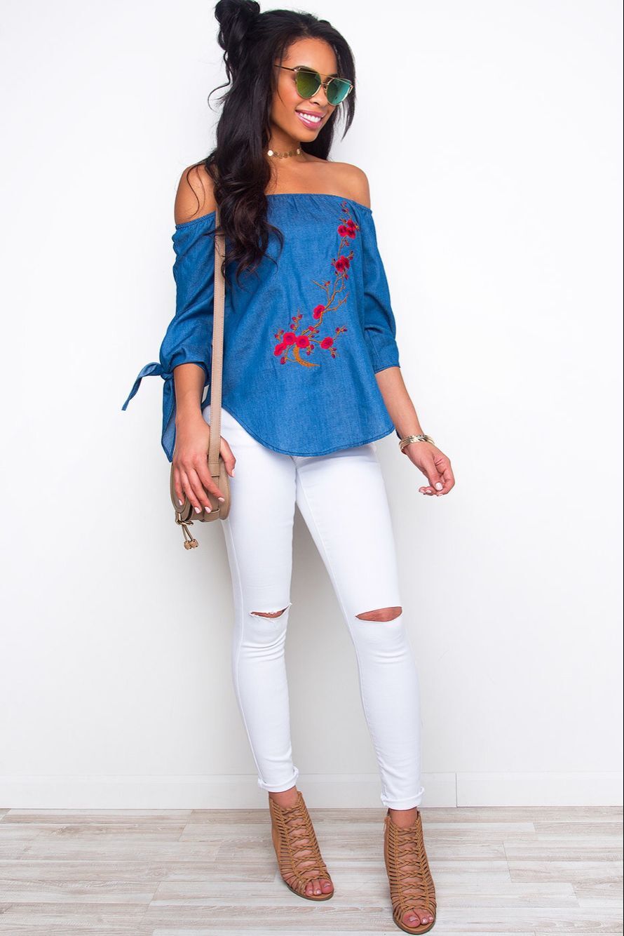 EW2444 Stylish Off-Shoulder Top Blue