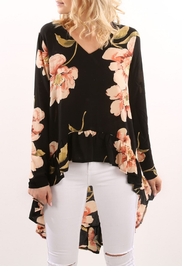 EW2445 Floral Chiffon Top Black