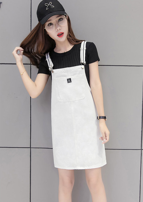 EW20356 Fashion Denim Strap Dress White