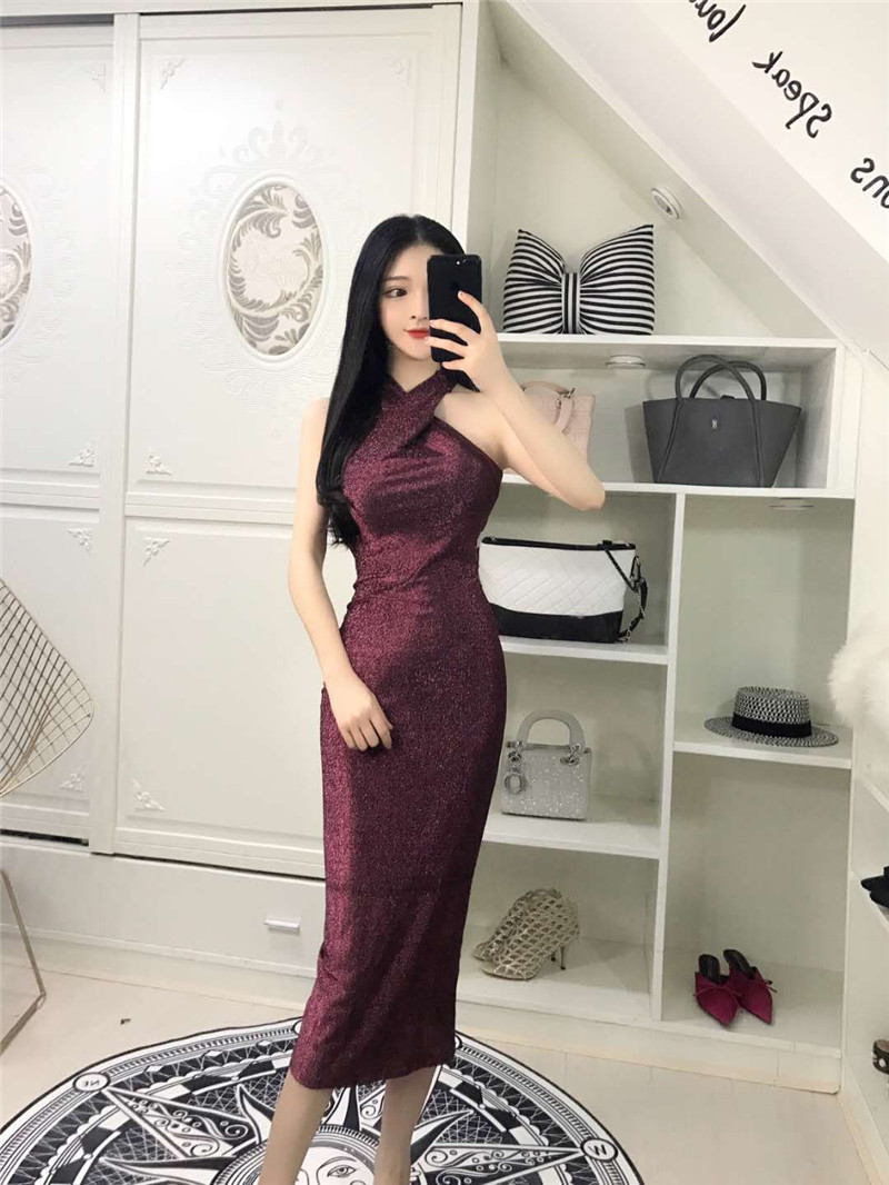 EW20472 Sexy Glittering Dress Maroon