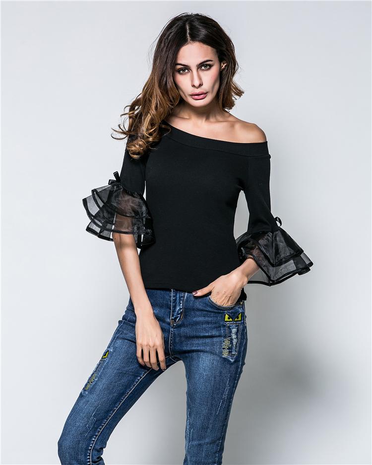 EW20476 Pretty Off-Shoulder Top Black