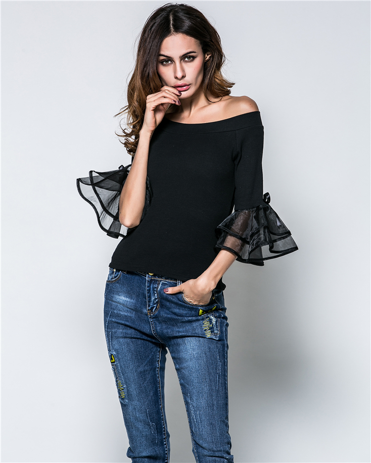 EW20476 Pretty Off-Shoulder Top Black