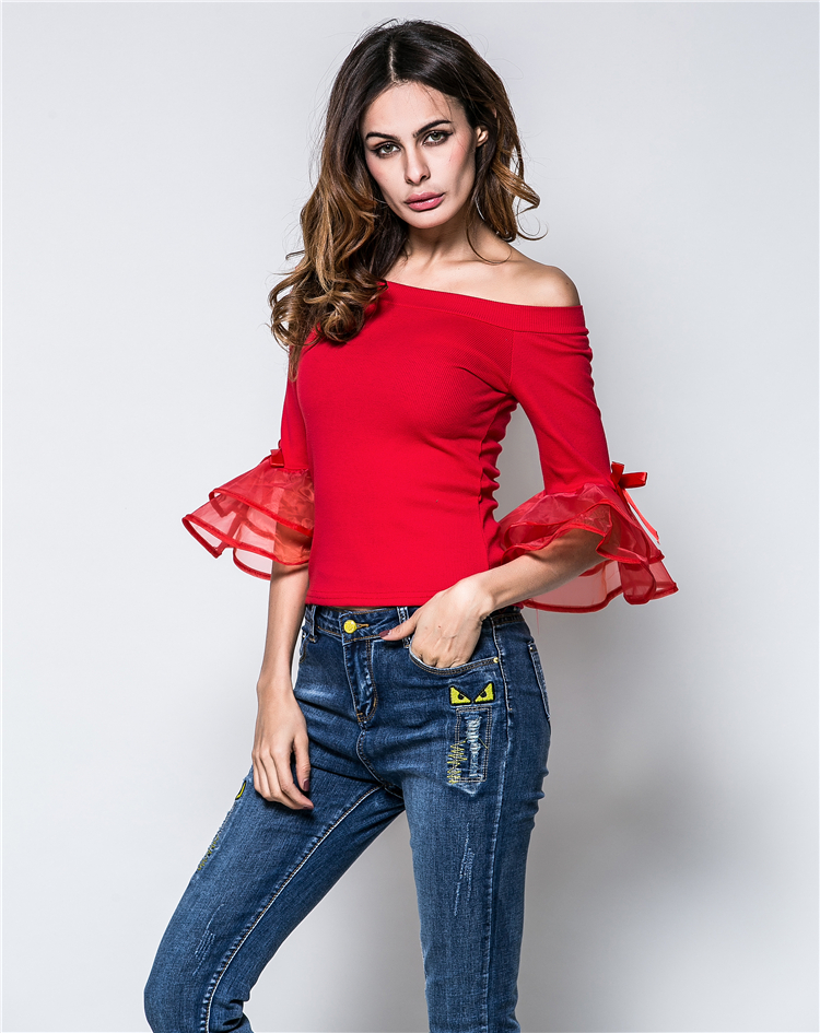 EW20476 Pretty Off-Shoulder Top Red