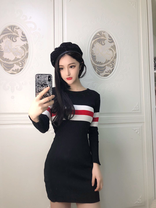 EW20495 Stylish Hugging Dress White Stripe