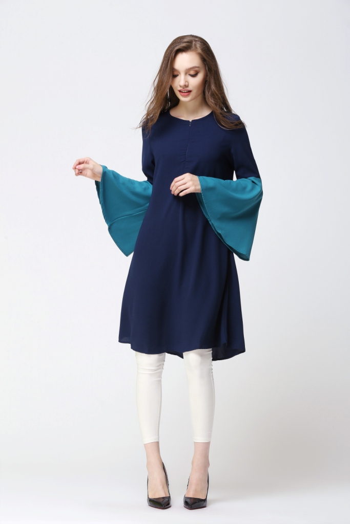 BM70055 Fashion Dual Color Long Top Dark Blue