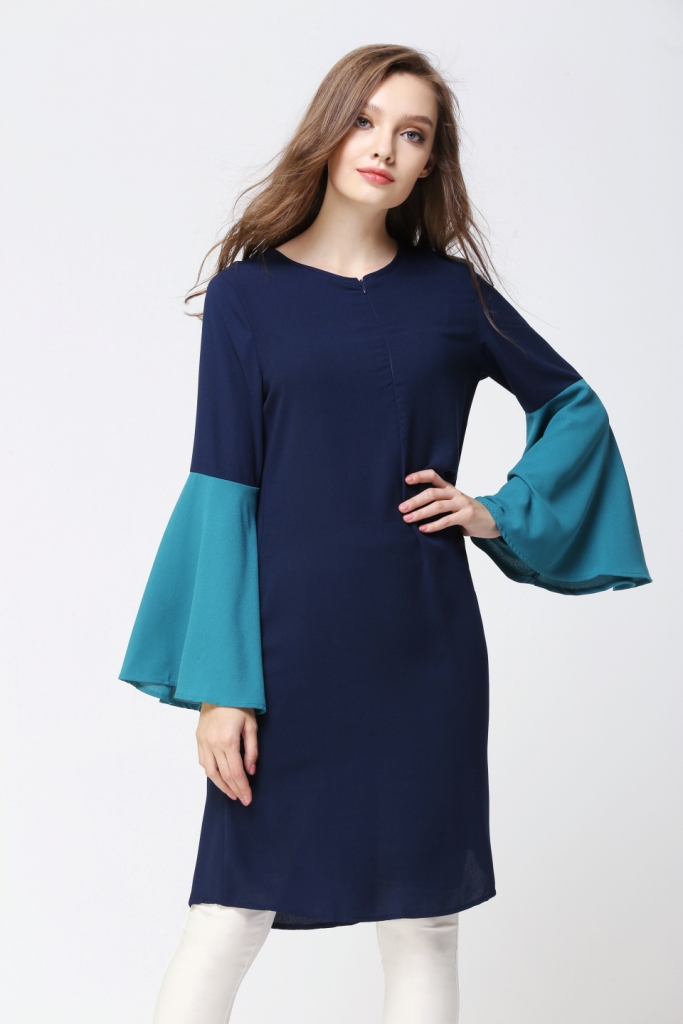 BM70055 Fashion Dual Color Long Top Dark Blue