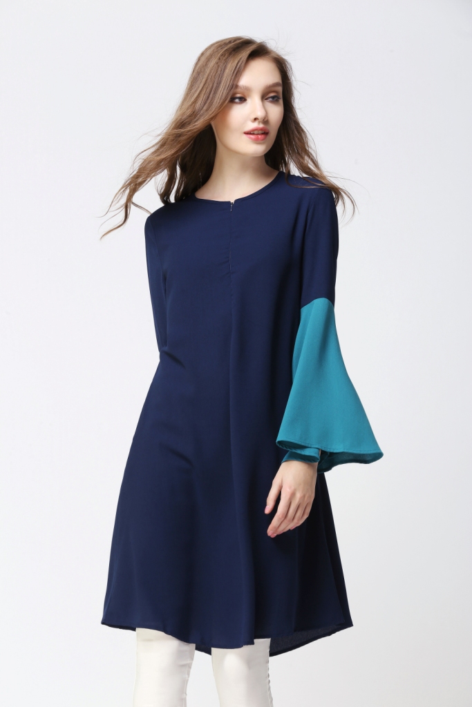 BM70055 Fashion Dual Color Long Top Dark Blue