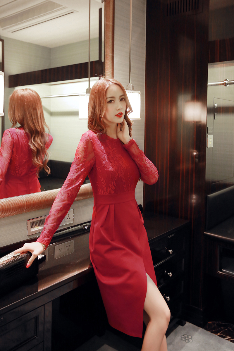 BM70177 Elegant Lace Dress Red