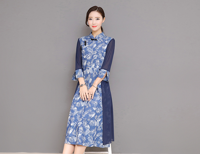 VW12203 Trendy Cheongsam Blue