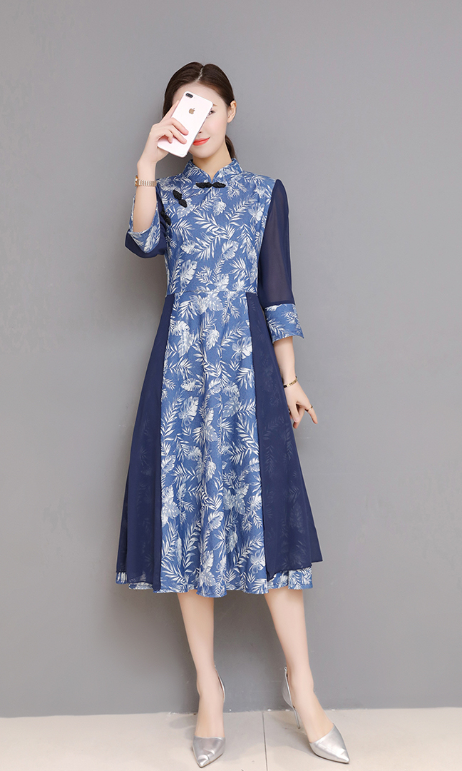 VW12203 Trendy Cheongsam Blue