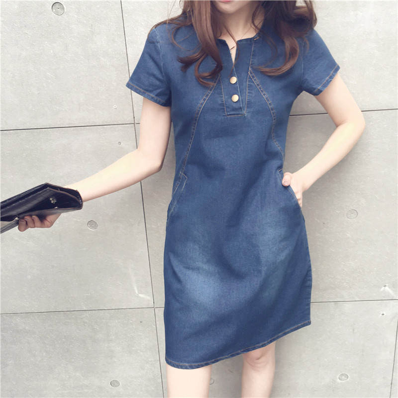 WD3865 Fashion Denim Dress Dark Blue