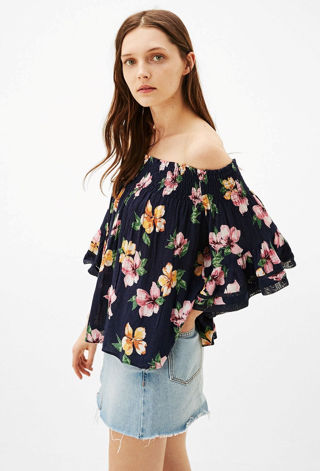 BM70299 Pretty Off-Shoulder Top Dark Blue