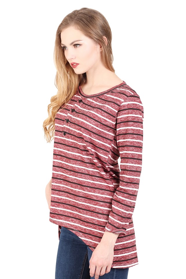 QA-342 Trendy Striped Casual Top Wine Red