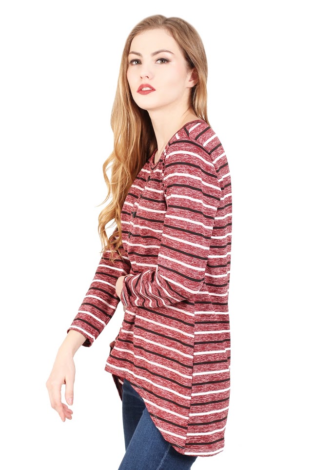 QA-342 Trendy Striped Casual Top Wine Red