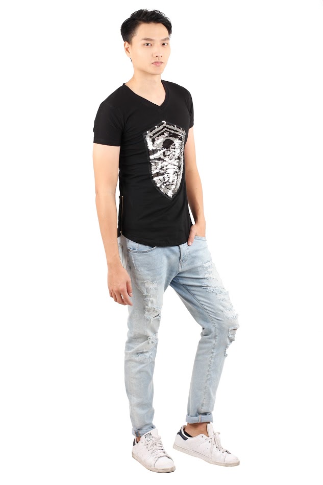 QA-349 Men Sequin Shirt Black