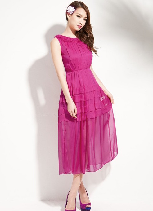 BM70350 Stylish Chiffon Dress Dark Pink