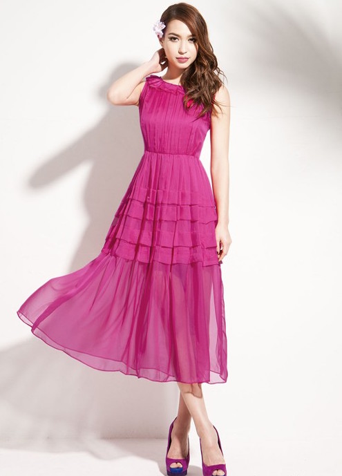 BM70350 Stylish Chiffon Dress Dark Pink