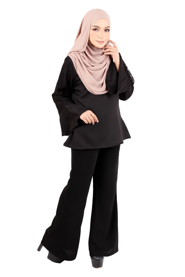 QA-366 Muslimah Flounce Sleeves Blouse Black
