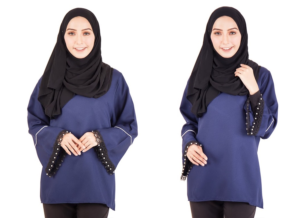 QA-396 Fluted Sleeves Women Blouse Navy Blue