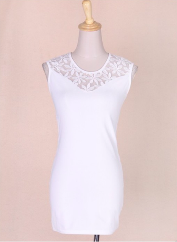 WD21513 Lace Neckline Dress White