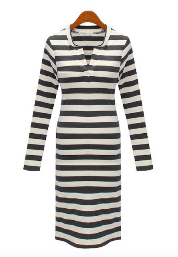 BM70987 Fashion Stripe Dress Grey White