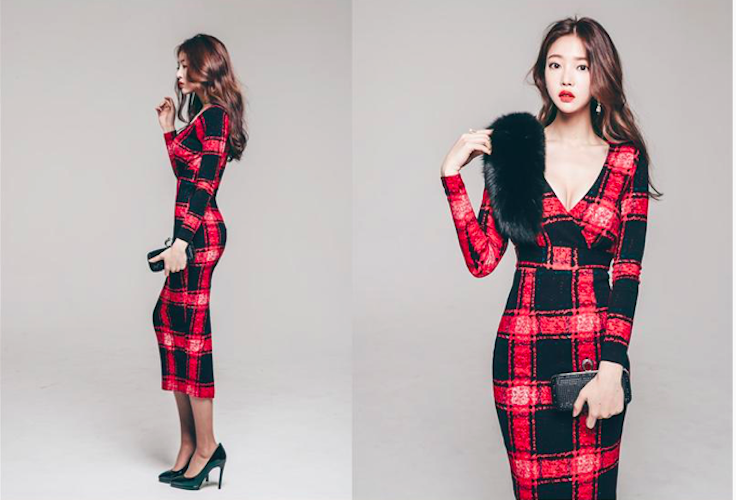 BM70989 Stylish Checker Dress Red