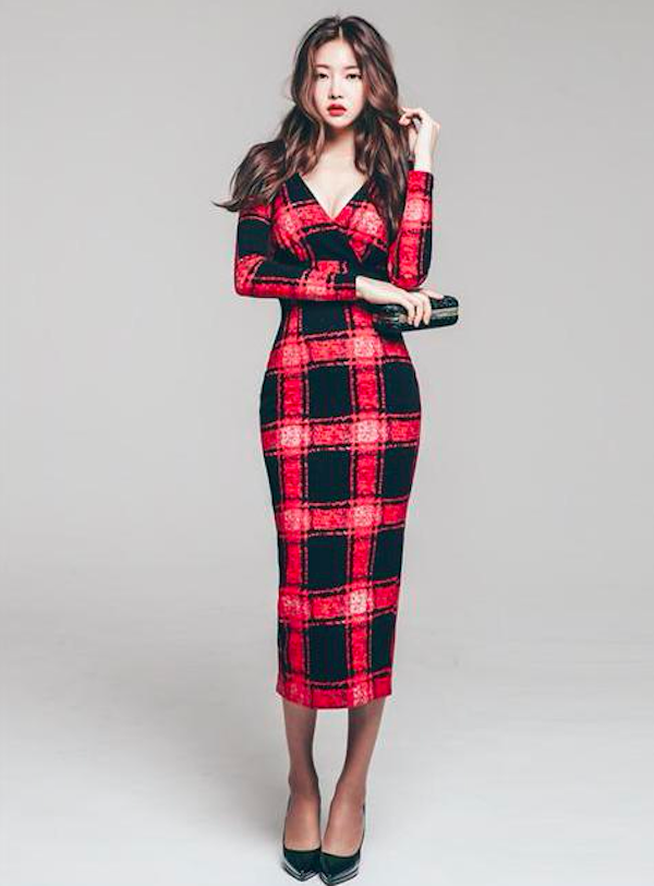 BM70989 Stylish Checker Dress Red