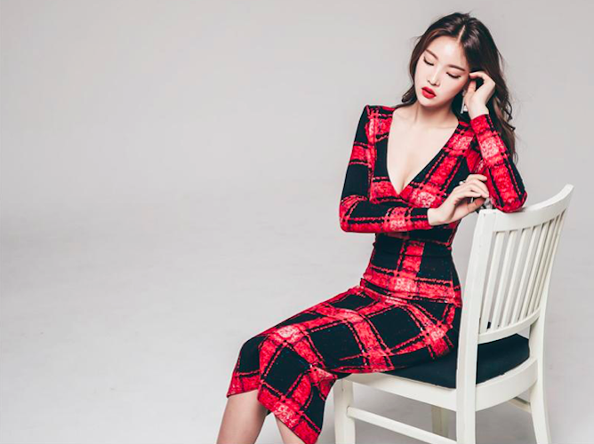 BM70989 Stylish Checker Dress Red