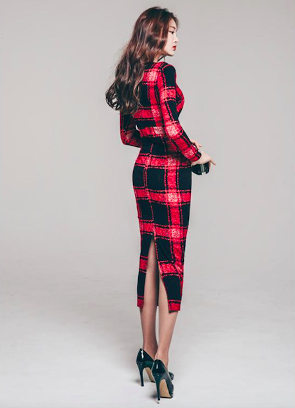 BM70989 Stylish Checker Dress Red